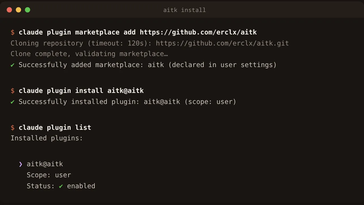 aitk — terminal transcript of the install command running in a project