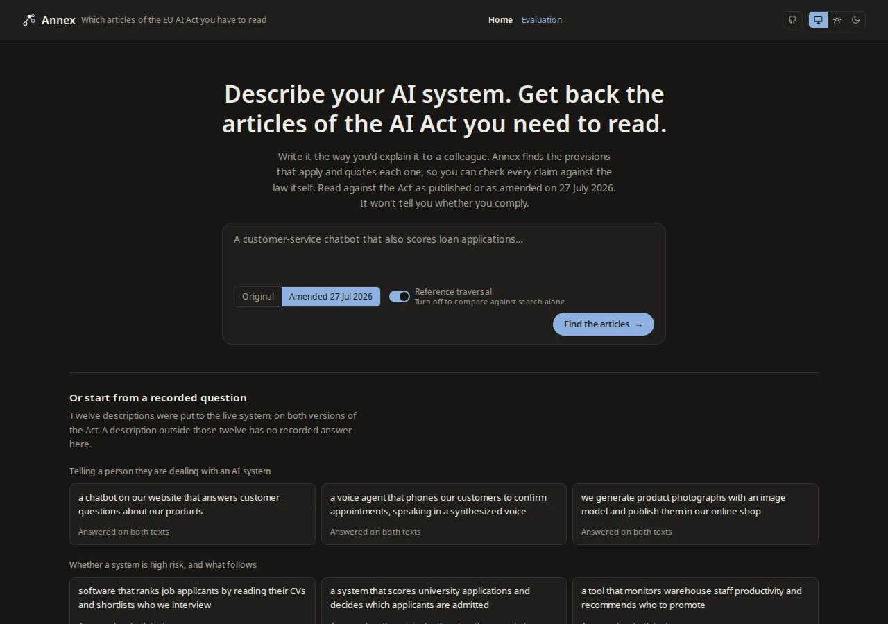 The Annex landing page: a description box and twelve recorded questions