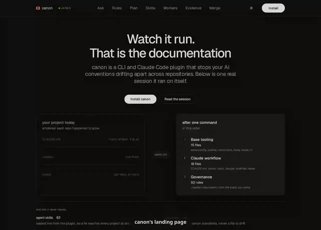 canon's landing page, one real session the toolkit ran on itself