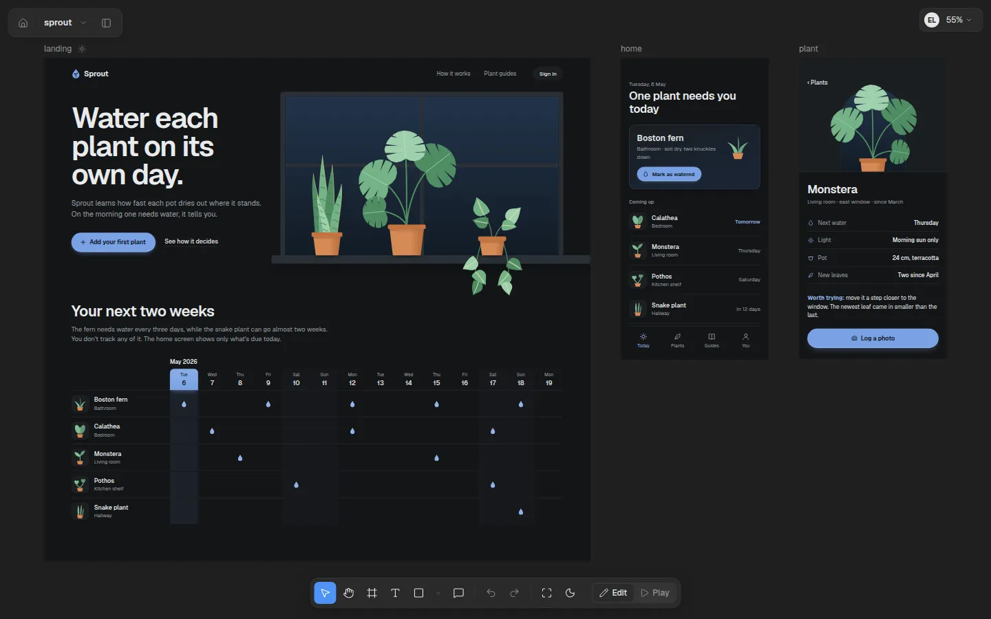 The Frameboard canvas showing a plant care app's landing page and two phone screens