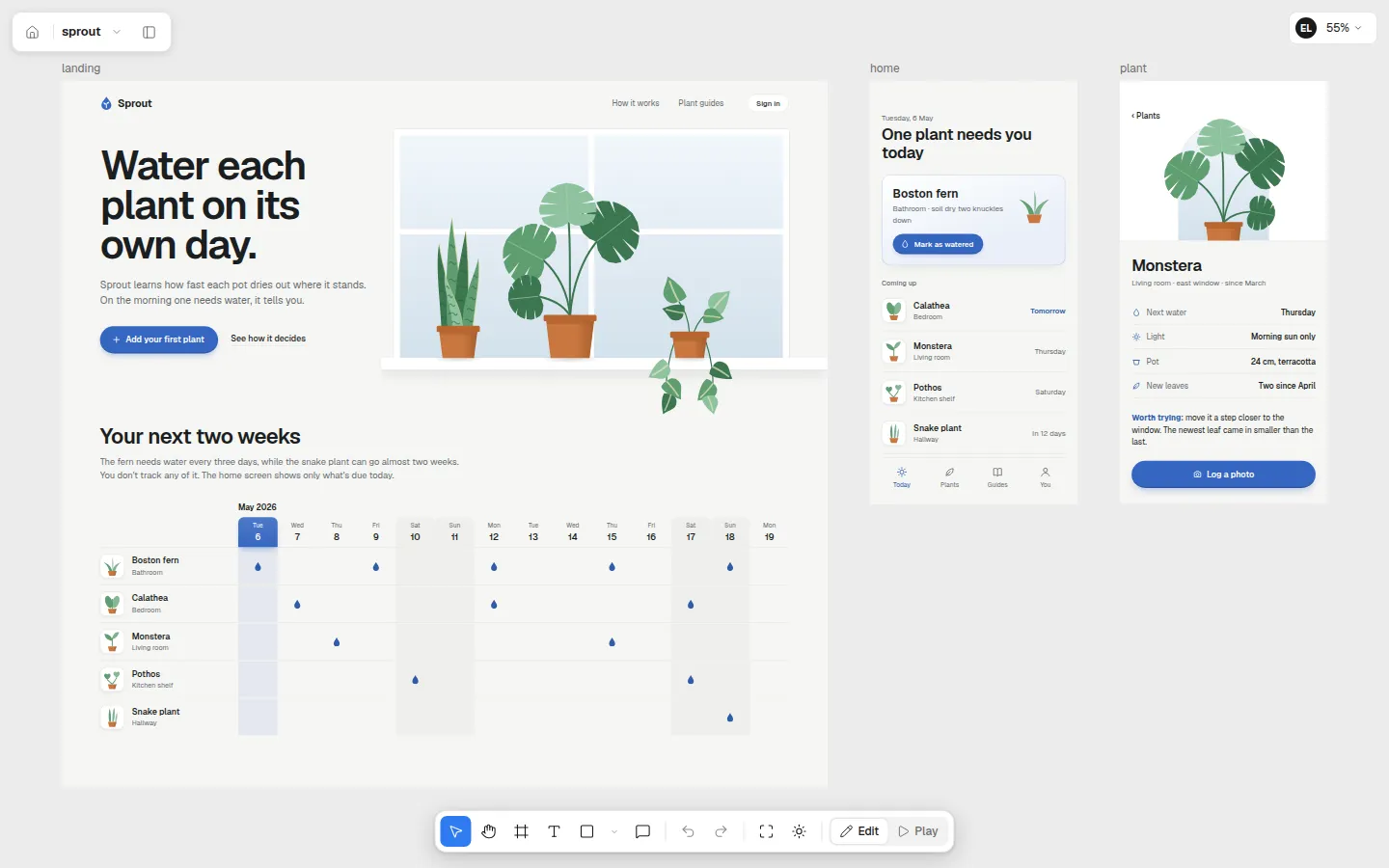 The Frameboard canvas showing a plant care app's landing page and two phone screens