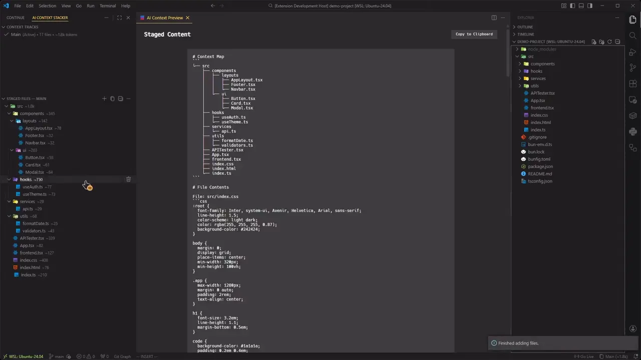 Stackr — VS Code panel showing staged files and a context preview